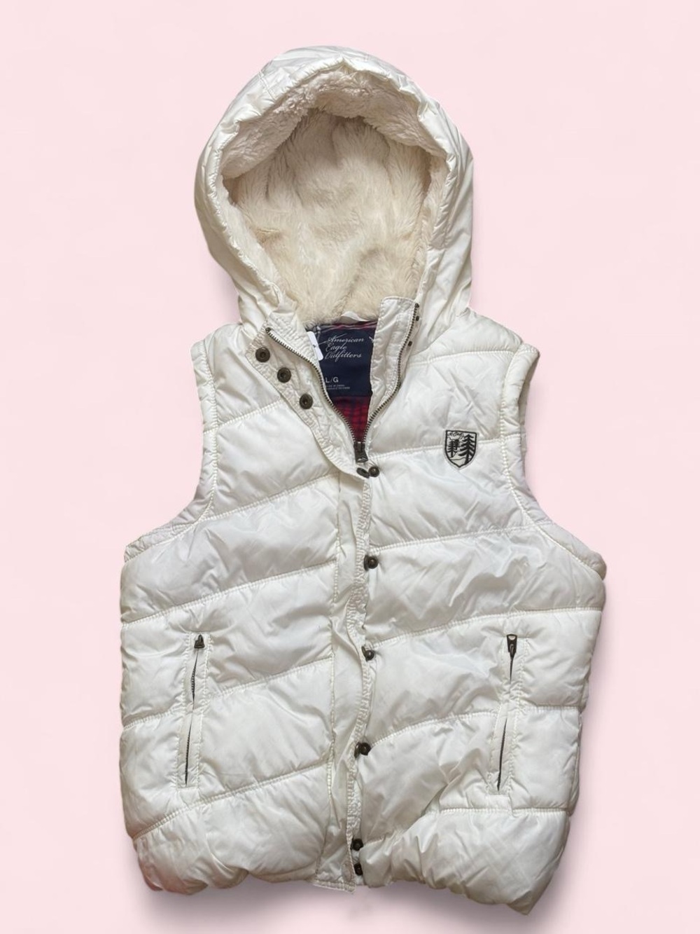 American Eagle white quilted plaid interior puffer vest with fur hood